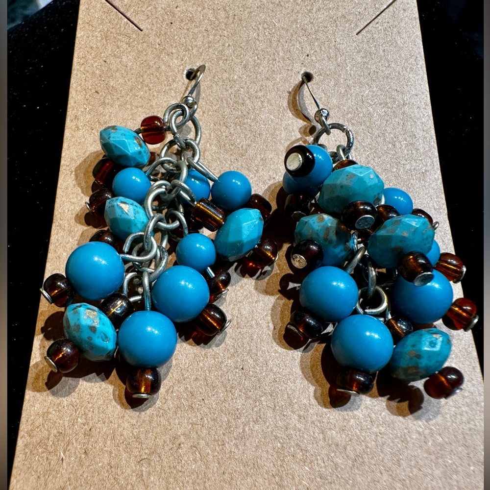 Turquoise Blue Beaded Cluster Dangle Earrings Silver Hook Boho Southwestern Boho - Picture 2 of 4
